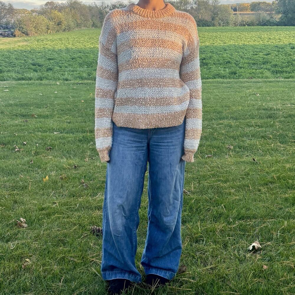 Madewell Baez Pullover Sweater XS Striped Orange Cream Knit Striped Long Sleeve - Picture 2 of 11